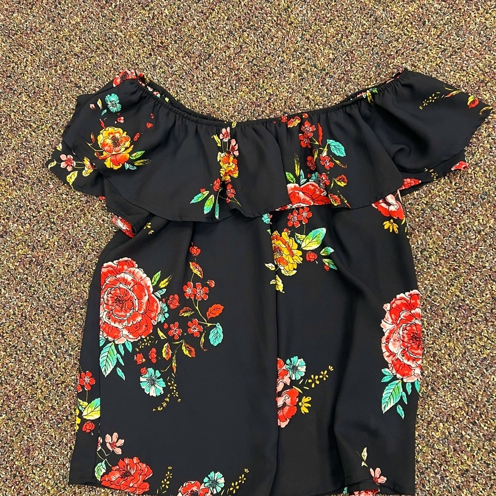 Floral Off-Shoulder Top - Black and Red